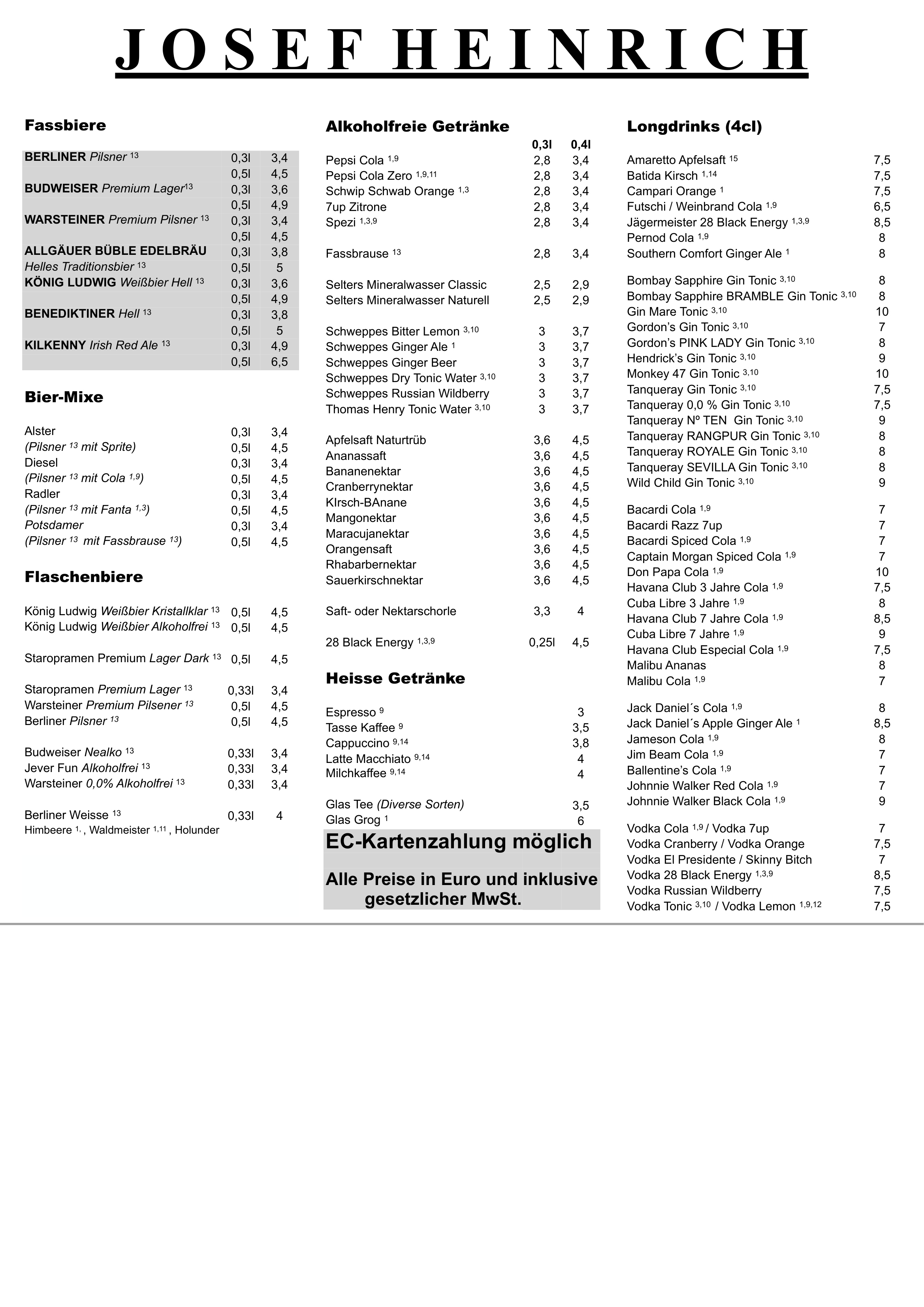 Getränkekarte Seite 1